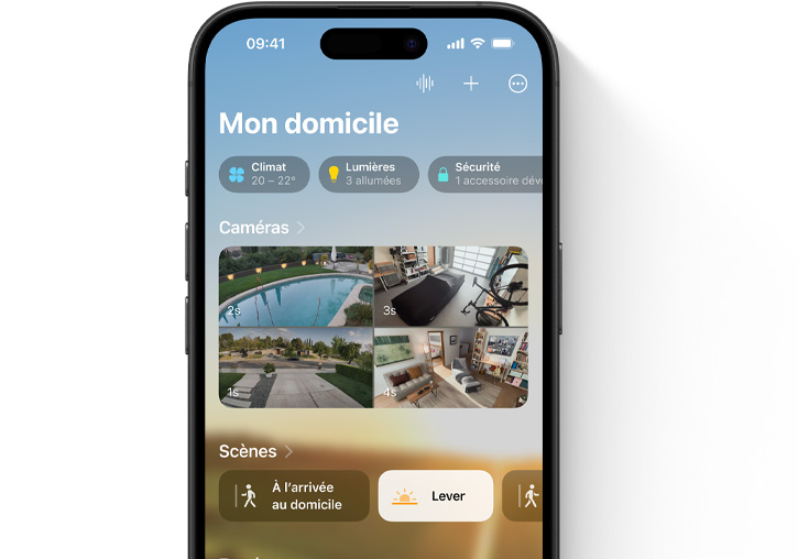 Un iPhone montrant la vue Mon domicile de l’app Domicile.