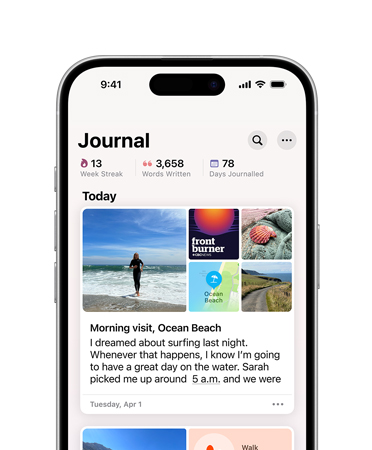 iPhone 16 front, display reads Journal