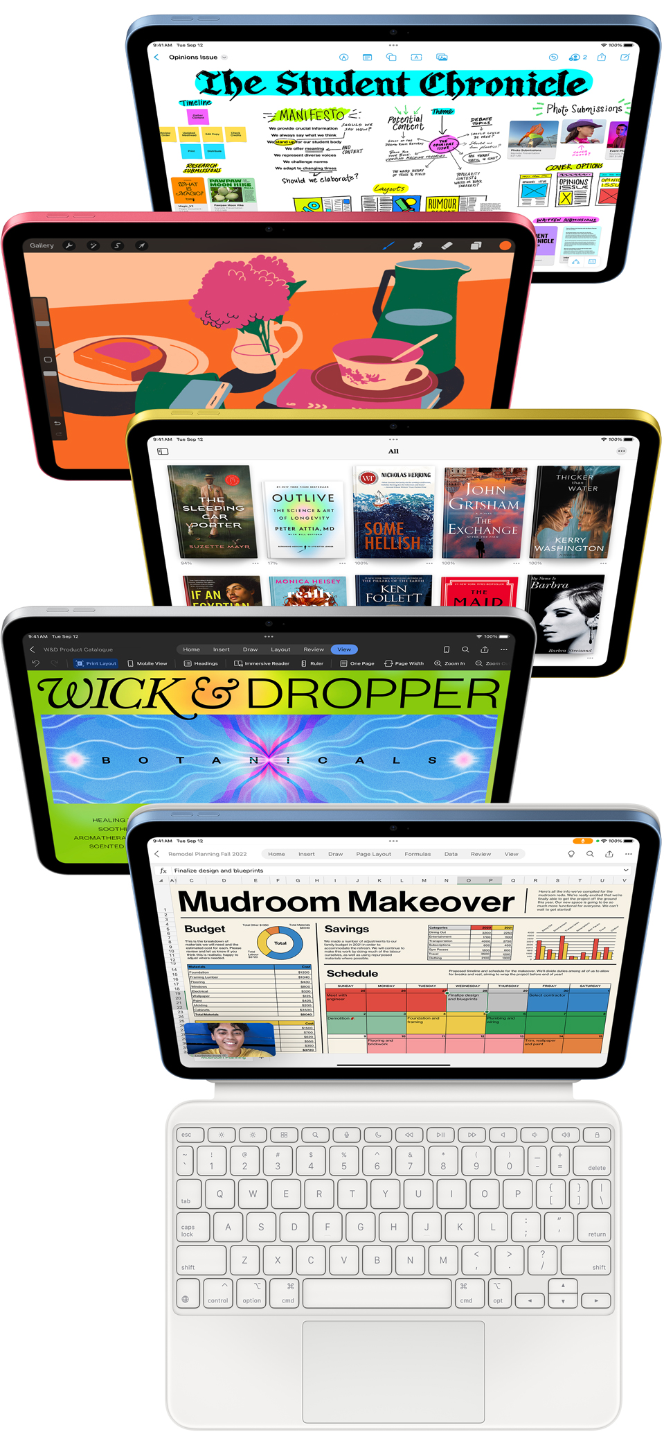 Front facing iPad screens show a variety of Apple apps and App Store apps.