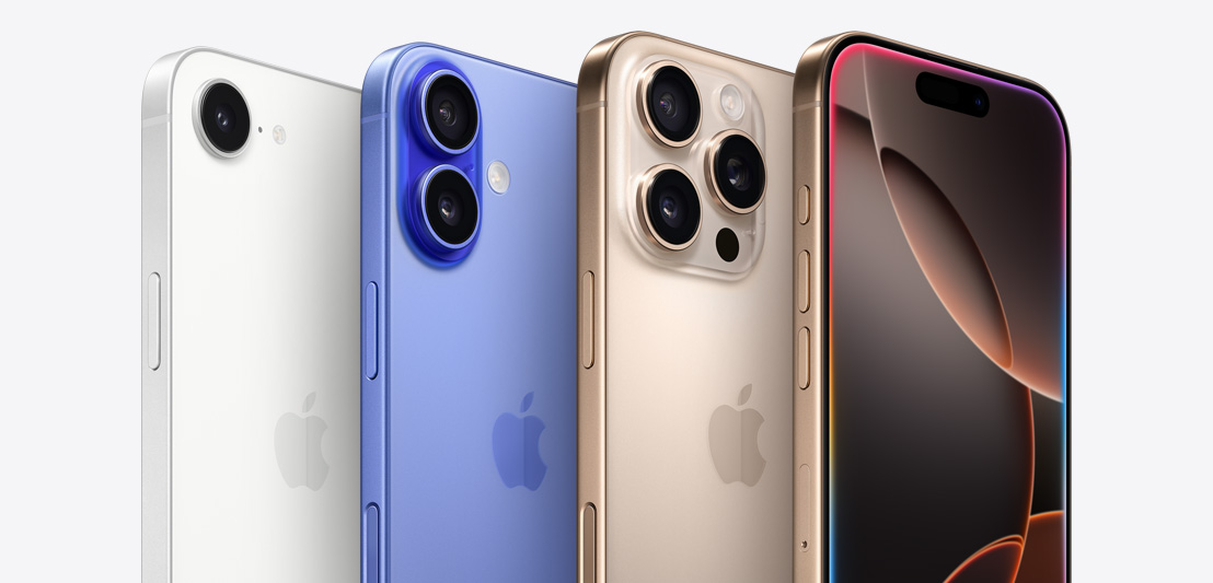 Four iPhone devices, iPhone 16 Pro in Desert Titanium colour showing three camera lenses, behind another iPhone 16 Pro showing the Dynamic Island, followed by iPhone 16 in Ultramarine colour showing 2 camera lenses and iPhone 16e in white colour showing one camera lens.