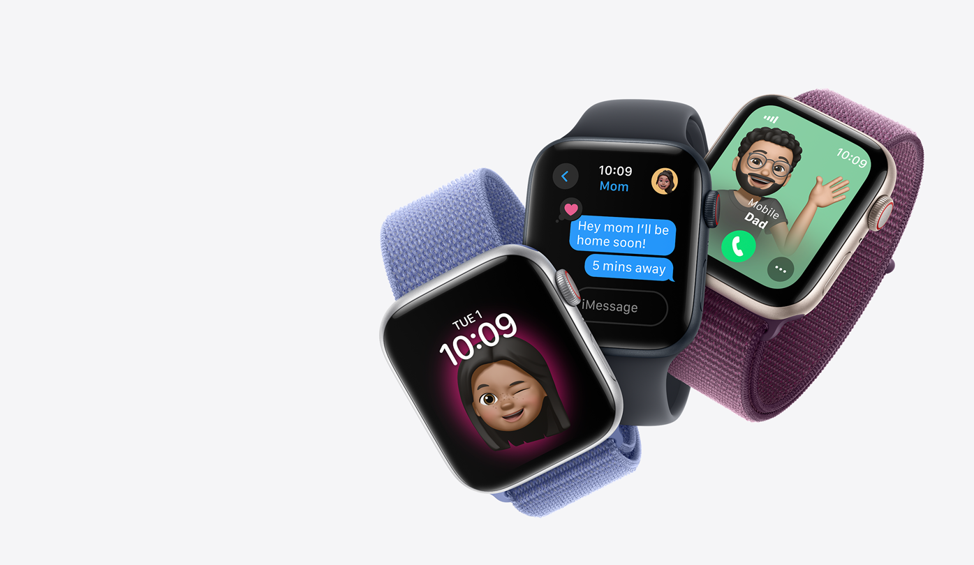 Illustrations of two children's wrists wearing Apple Watch SE.
