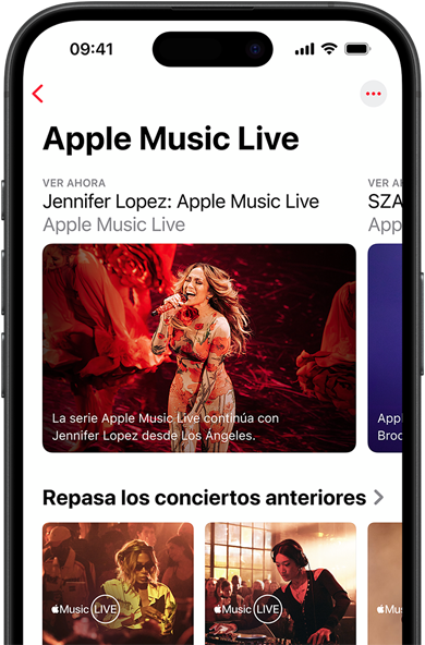 Pantalla de Apple Music Live en un iPhone que muestra Ver Ahora, conciertos anteriores y contenido exclusivo como los 100 mejores álbumes de Apple Music