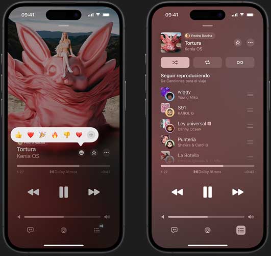 Un iPhone a la izquierda muestra en la pantalla que se está reproduciendo la canción “Tortura”, de Kenia OS, y diferentes opciones de emojis para reaccionar: pulgar hacia arriba, corazón, celebrar, pulgar hacia abajo y el signo más para agregar otra reacción. Un iPhone a la derecha muestra una playlist colaborativa llamada Canciones para el viaje con varias canciones agregadas por otras personas