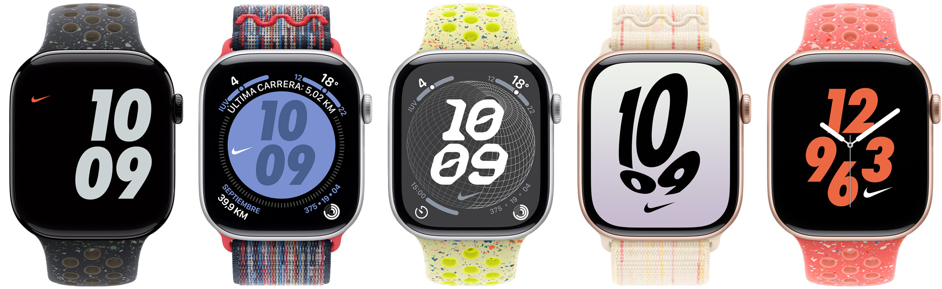 Cinco dispositivos Apple Watch con correas deportivas Nike y correas loop deportivas Nike, con carátulas Nike configuradas en distintos colores