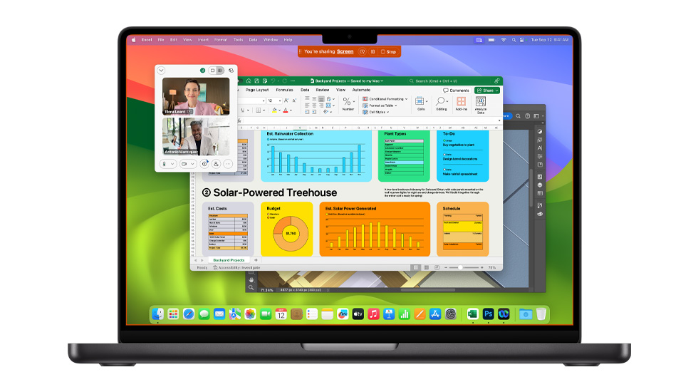 Se muestra un Mac con varias apps abiertas, como Zoom y Excel.