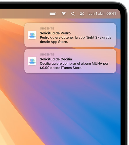 Dos notificaciones en macOS en la esquina superior derecha de la pantalla de un Mac, cada una con una solicitud de compra: la primera para Night Sky en el App Store y la segunda para el álbum de MUNA en el iTunes Store