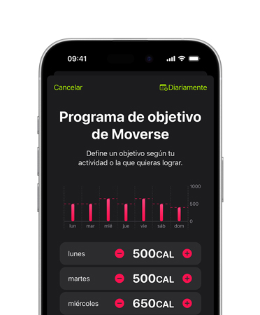 Vista frontal de un iPhone 16, interfaz de usuario con un texto que dice programa del objetivo Moverse