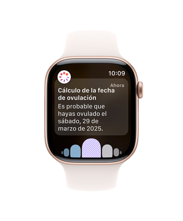 Vista frontal de un Apple Watch Series 10 con correa deportiva blanca, interfaz de usuario con un texto que dice Ovulación, Historial del Ciclo