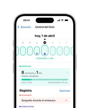 Vista frontal de un iPhone 16, interfaz de usuario con un texto que dice Salud y Control del Ciclo