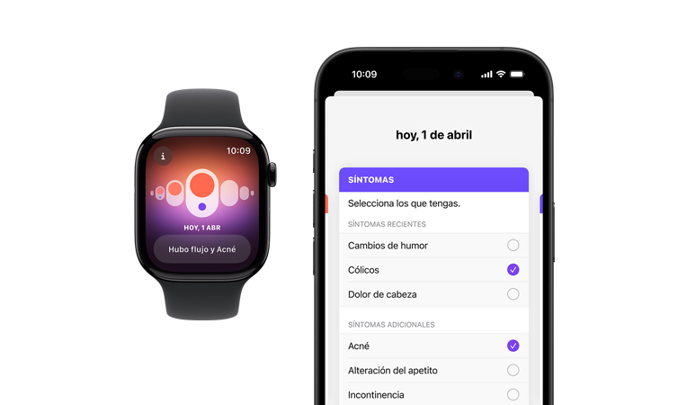 Vista frontal de un Apple Watch Series 10 con correa deportiva negra, interfaz de usuario con un texto que dice Control del Ciclo, Periodo, y el menú de selección de síntomas, al lado se muestra un iPhone 16 de frente, interfaz de usuario con un texto que dice Control del Ciclo, Periodo, y el menú de selección de síntomas
