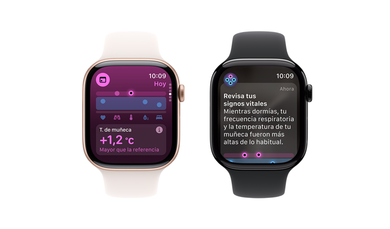 Apple Watch Series 10 con correa deportiva blanca, interfaz de usuario con un texto que dice Signos Vitales y Temperatura de la muñeca, al lado se muestra otro Apple Watch Series 10 con correa deportiva negra, interfaz de usuario con un texto que dice Signos Vitales, Temperatura de la muñeca, Frecuencia cardiaca y Análisis