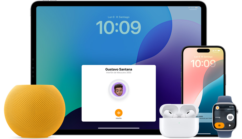 Imagen de un HomePod mini amarillo, un iPad, AirPods en un estuche, un iPhone y un Apple Watch con correa rosa.