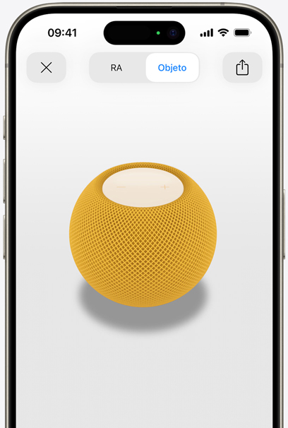 Un HomePod mini amarillo en la pantalla de un iPhone con realidad aumentada.