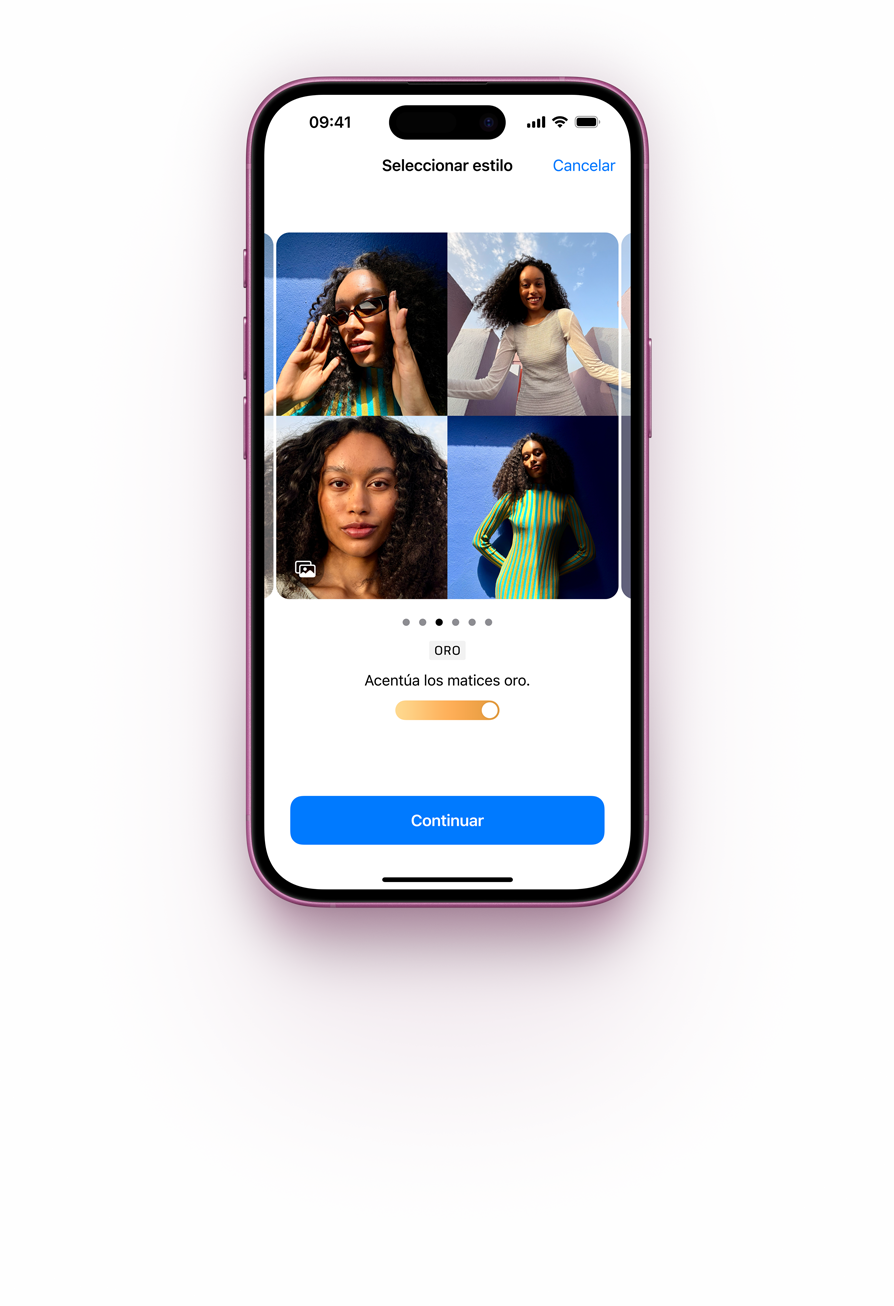 Demostración de cómo seleccionar Estilos Fotográficos en un iPhone 16 rosado
