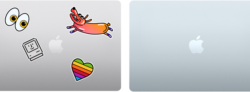 Un notebook Mac color plata cerrado con stickers y un MacBook Air azul cielo cerrado sin stickers.