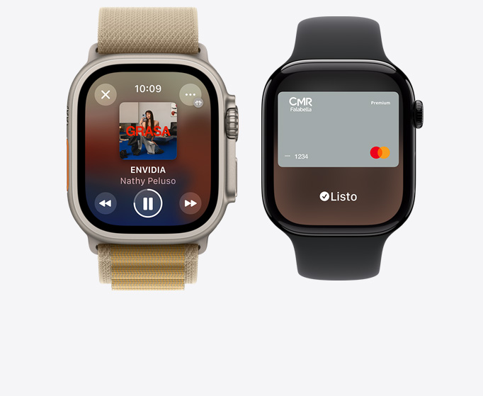 Un Apple Watch Ultra 2 y un Apple Watch Series 10, uno muestra música reproduciéndose y el otro una tarjeta genérica en Apple Pay.