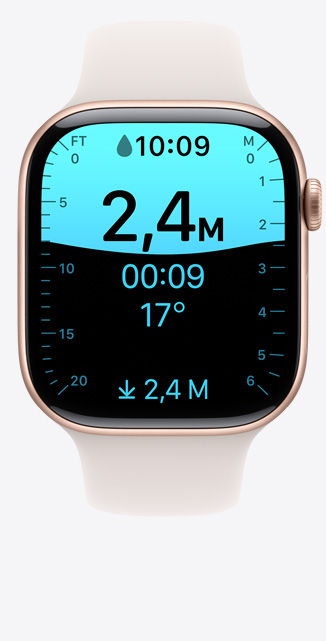 Pantalla de la app Profundidad que indica una inmersión de 2,4 metros en un Apple Watch Series 10.