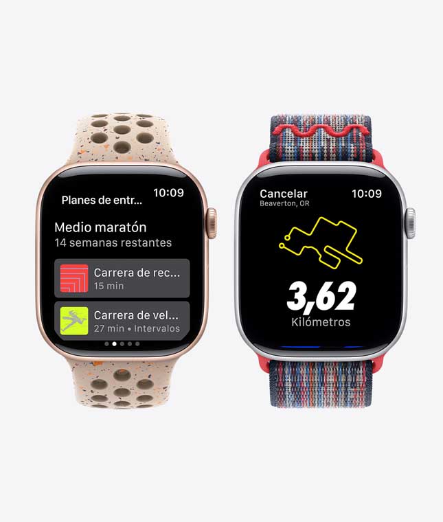 Dos dispositivos Apple Watch muestran funcionalidades de Nike Run Club: planes de entrenamiento y una ruta de la carrera.