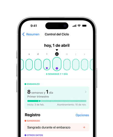 Vista frontal de un iPhone 16, interfaz de usuario con un texto que dice Salud y Control del Ciclo