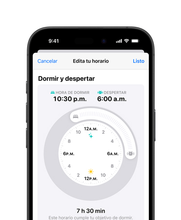 Vista frontal de un iPhone 16, interfaz de usuario con un texto que dice Salud, Hora de dormir, Aspecto claro y Horario