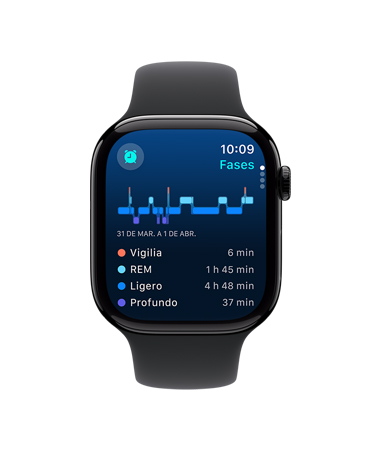 Vista frontal de un Apple Watch Series 10 con correa deportiva negra, interfaz de usuario con un texto que dice Sueño, Fases del sueño, Análisis y Tiempo de sueño