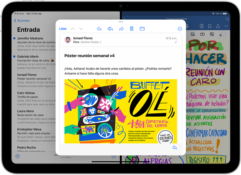 iPad con las app Mail y GoodNotes abiertas una al lado de la otra