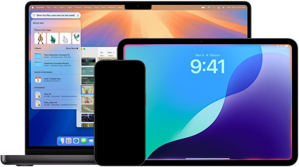 Mac, iPad a iPhone zobrazené s novými funkcemi Siri, které staví na Apple Intelligence