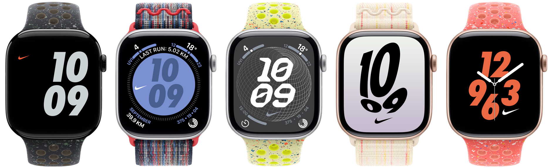 Pět modelů Apple Watch v různých barvách se sportovními řemínky Nike a provlékacími sportovními řemínky Nike a s ciferníky Nike