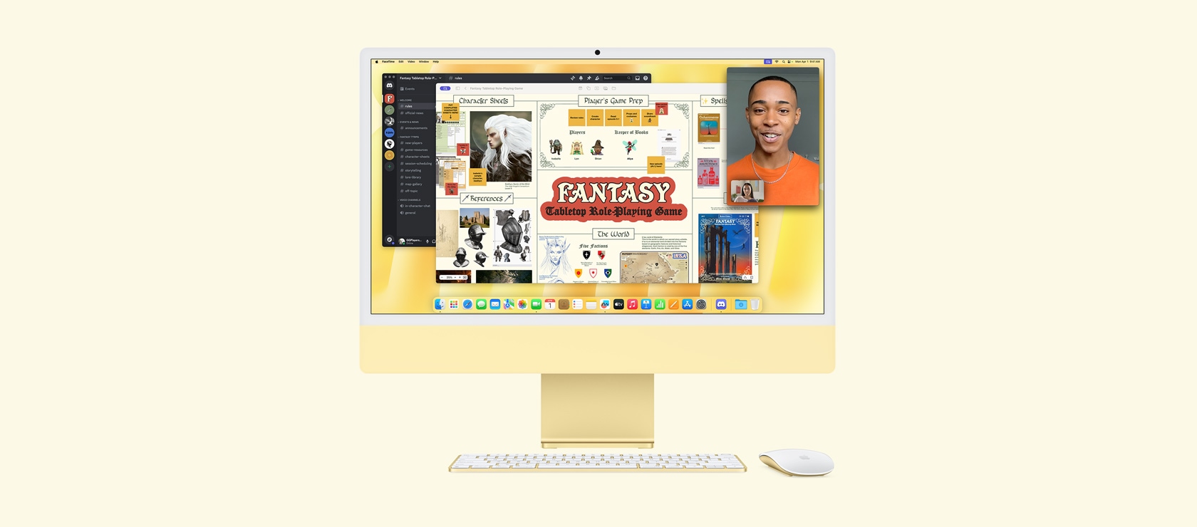 Žlutý iMac. Na obrazovce jsou aplikace Freeform, Discord a FaceTime používané při deskové fantasy hře na hrdiny.