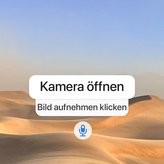 Sprachsteuerung Befehlssequenz zum Aufnehmen eines Fotos: Kamera öffnen, Bild aufnehmen klicken.