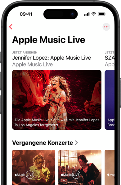 Apple Music Live Bildschirm auf dem iPhone mit „Jetzt ansehen“, vergangenen Konzerten und exklusiven Inhalten wie „Apple Music: Die 100 besten Alben“