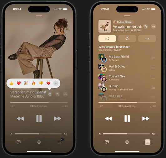 Das iPhone auf der linken Seite zeigt „Don't Do Me Good“ von Madi Diaz und Kacey Musgraves mit einer Reaktion Emoji Eingabeaufforderung mit den Optionen „Daumen hoch“, „Herz“, „Feiern“, „Daumen runter“ oder „Weitere Reaktion hinzufügen“. Das iPhone auf der rechten Seite zeigt eine gemeinsame Playlist mit dem Namen „Roadtrip“ mit mehreren Songs, die von anderen Mitwirkenden hinzugefügt wurden.