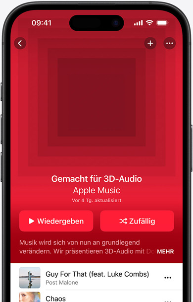 iPhone Display mit Coverbildern der „Gemacht für 3D Audio“ Playlist in der Apple Music App