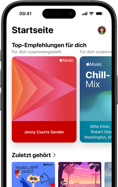 Bildschirm der Apple Music Startseite auf dem iPhone, „Top-Empfehlungen für dich“ Karussell mit Jenny Courts personalisierten Sendern und Playlists