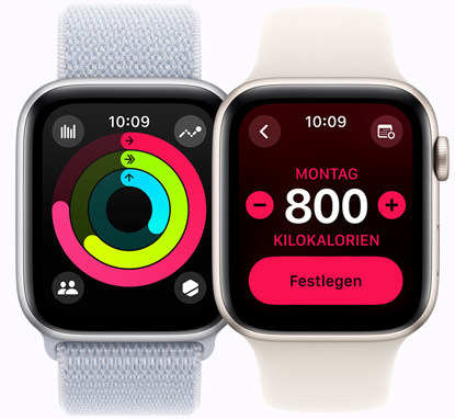 Zwei Apple Watch SE Modelle mit Aktivitätsringen und Kalorienzielen auf den Aktivitätsdisplays