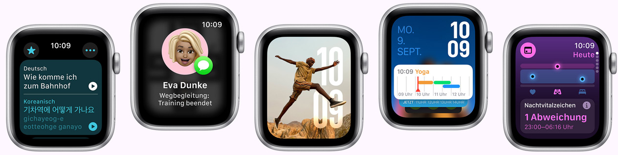 Fünf Apple Watch mit Übersetzen App, Wegbegleitung App, Fotos Zifferblatt, Modular Zifferblatt und Vitalzeichen App auf den Displays