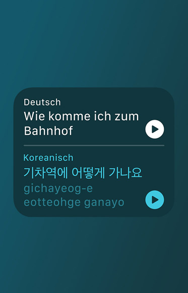 Die Übersetzen App zeigt eine koreanische Übersetzung und die Aussprache der Frage „Wie komme ich zum Bahnhof?“.