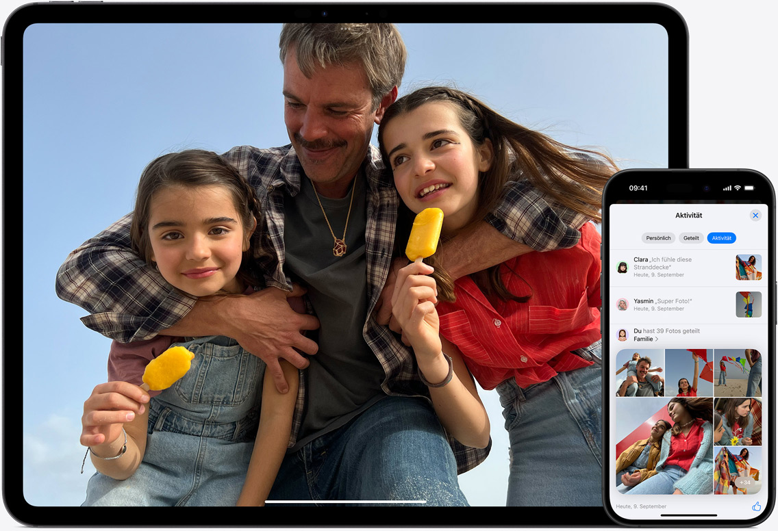 iPad und iPhone Displays mit iCloud Fotos, auf denen ein Vater mit seinen beiden Töchtern am Strand zu sehen ist