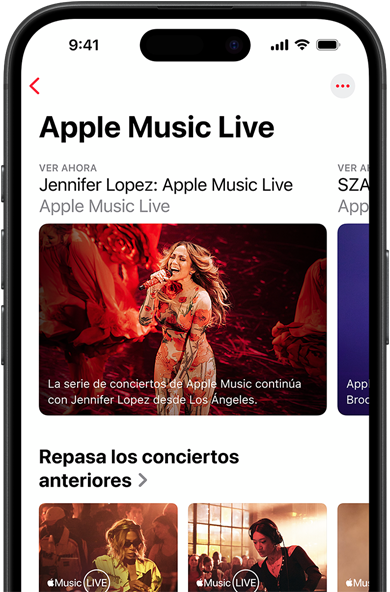 Pantalla de Apple Music Live en un iPhone que muestra Ver Ahora, conciertos anteriores y contenido exclusivo, como los 100 mejores álbumes de Apple Music