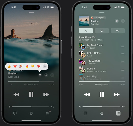 El iPhone de la izquierda muestra «Illusion» de Dua Lipa en la pantalla y el menú de selección de reacciones con varios emojis; el iPhone de la derecha muestra una lista de reproducción colaborativa llamada «Playlist Carretera y Manta» con varias canciones añadidas por otras personas