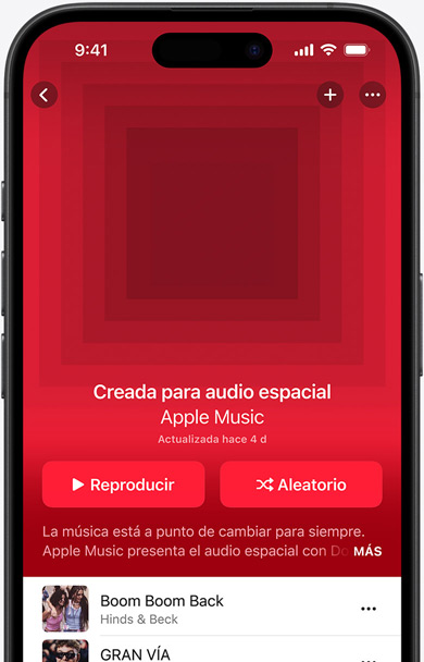 Pantalla de un iPhone con la portada de la lista Made for Spatial Audio en la app Apple Music