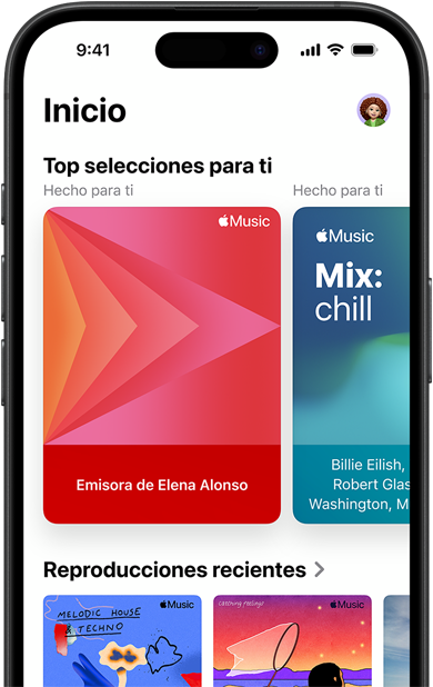 La pestaña Inicio de Apple Music en un iPhone, con el carrusel Top Selecciones para Ti, en el que se ven las emisoras y listas de reproducción personalizadas de Elena Alonso