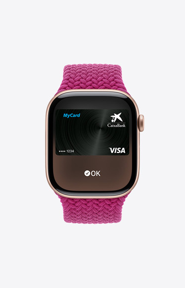 Una Apple Card se usa con Apple Pay en un Apple Watch Series 10.