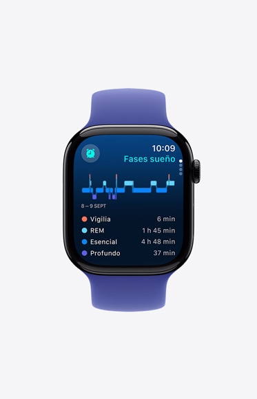La prestación Fases del Sueño de la app Sueño muestra el tiempo que se ha pasado en las fases de vigilia y sueño REM, esencial y profundo.