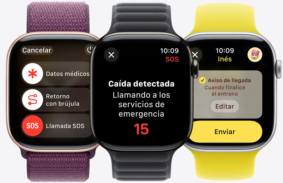 Los controles de llamada de emergencia, Datos Médicos y Retorno con Brújula se muestran en un Apple Watch Series 10. Detección de una caída en un Apple Watch Series 10. Un aviso de llegada a punto de enviarse desde un Apple Watch Series 10.