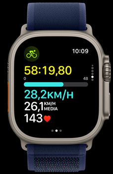 La pantalla de un Apple Watch Ultra 2 muestra el ritmo en bici.