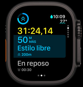 La pantalla A Continuación muestra la distancia pendiente en un entreno de natación de estilo libre.