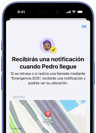 La pantalla de un iPhone muestra una confirmación de que se ha configurado una notificación de Buscar. El texto dice «Recibirás una notificación cuando Pedro llegue» y en la parte inferior de la pantalla aparece un mapa con la ubicación establecida.