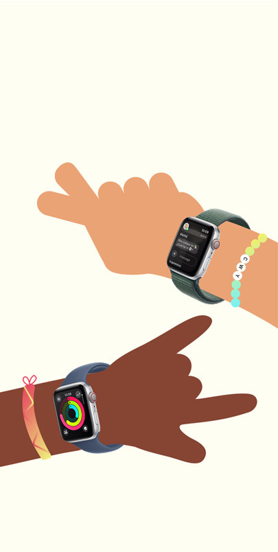 Ilustraciones de las muñecas de un niño y una niña con un Apple Watch SE. Pulsa el botón «+» para obtener más información sobre Apple Watch para tus Peques.