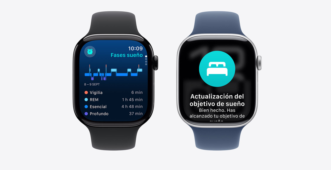 Dos Apple Watch Series 10, uno con datos de las fases de sueño y otro con una notificación de posible apnea del sueño.